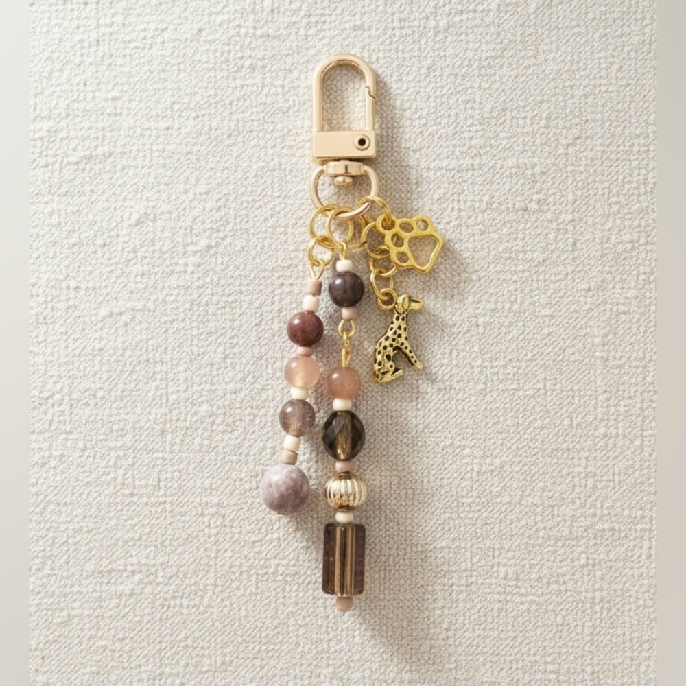 Chic Dog Lover Gold and Brown Handmade Beaded Bag Charm Keychain